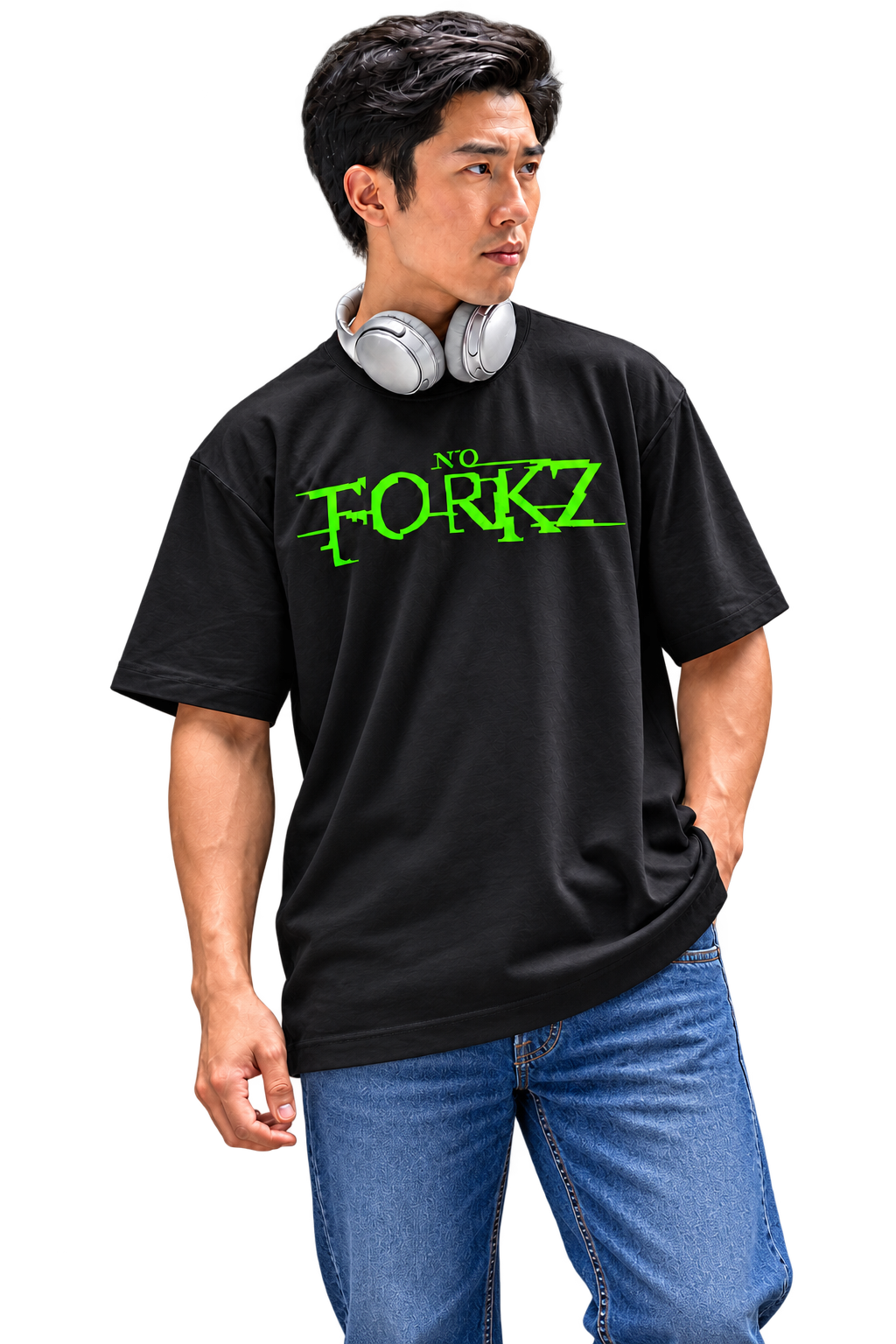 Model wearing a black NO FORKZ T-shirt, blue jeans and headphones